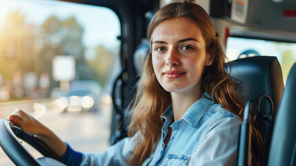 Professional female bus driver behind steering wheel. Gender equality in work opportunities, breaking stereotypes. Woman with good driver skills for passenger vehicle