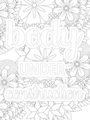 Gym Quotes Flower Coloring Page Beautiful black and white illustration for adult coloring book