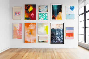 Minimalist gallery wall with multi colored abstract art
