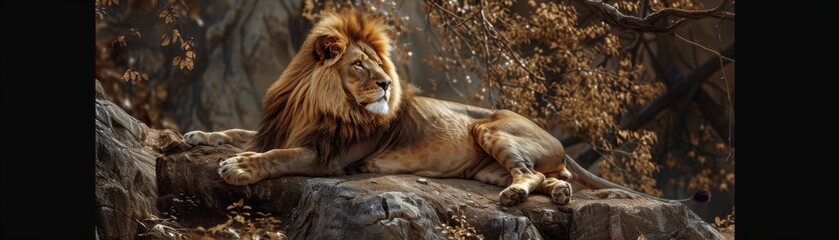 Fototapeta premium Regal Lion Resting on Rock in Savannah, King of the Jungle Majesty in Natural Habitat
