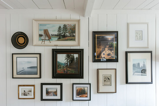 A white wall features a curated collection of framed landscape paintings, showcasing various scenery and perspectives