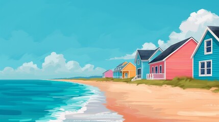 Illustrate coastal getaways with colorful scenes of beachfronts and bustling boardwalks. Clean and Clear Color, Realistic Photo, , Minimalism,