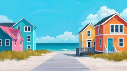 Illustrate coastal getaways with colorful scenes of beachfronts and bustling boardwalks. Clean and Clear Color, Realistic Photo, , Minimalism,