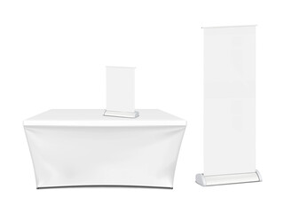 Exhibition set template. Tradeshow table with blank stretch cover for brand design with blank floor and countertop roll-up retractable banner stands. Mockup. Trade show booth kit. Vector mock-up