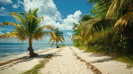 Tropical palm trees on sandy shoreline