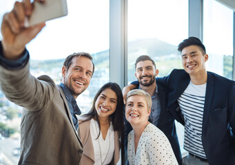 Business, people and smile with selfie in office for team building, partnership and online update....