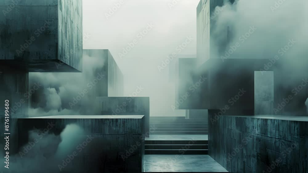 Poster a mysterious and moody scene of dark cubes ly visible through the layers of fog.