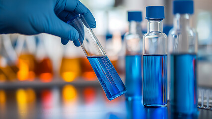 A set of laboratory glassware filled with colorful chemicals placed on a table against a laboratory backdrop. For medical research concepts.