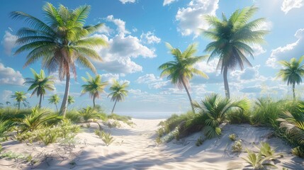Tropical palm trees on sandy shoreline
