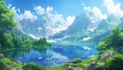 serene lake nestled in a valley with the mountains rising majestically in the background daytime, anime style cartoon