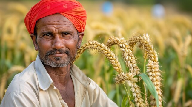 A man wearing a red turban smiles as he holds stalks of wheat in a field