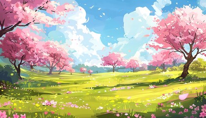 Spring sunny day, flowers field, blossom field, blossom trees, sakura trees anime style