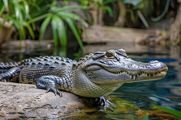Fototapeta premium Close-up of an alligator resting on a rock near the water's edge