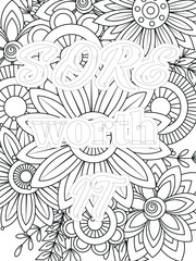 Gym Quotes Flower Coloring Page Beautiful black and white illustration for adult coloring book