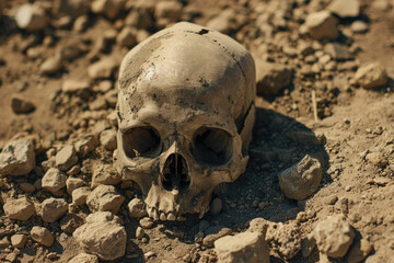 a skull is laying on the ground with a few small rocks