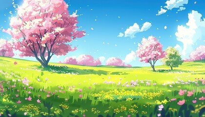 Spring sunny day, flowers field, blossom field, blossom trees, sakura trees