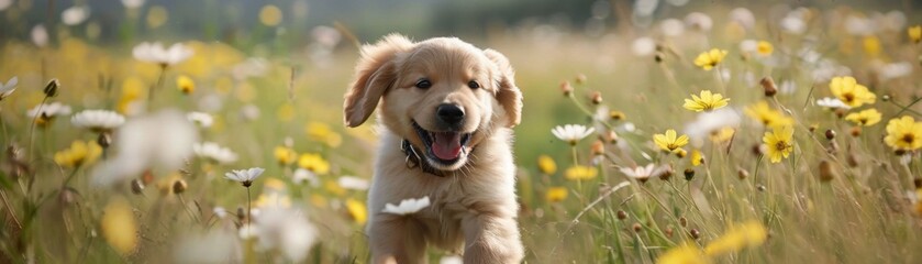 Happy Golden Retriever Puppy Frolicking in a Meadow of Blooming Flowers, Joyful Pet Playtime Concept
