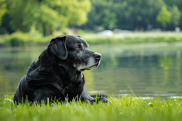 Aging black Labrador Retriever lying on fresh green grass