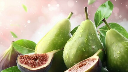   A zoomed in photo of a cluster of figs on a bush with raindrops dripping from them