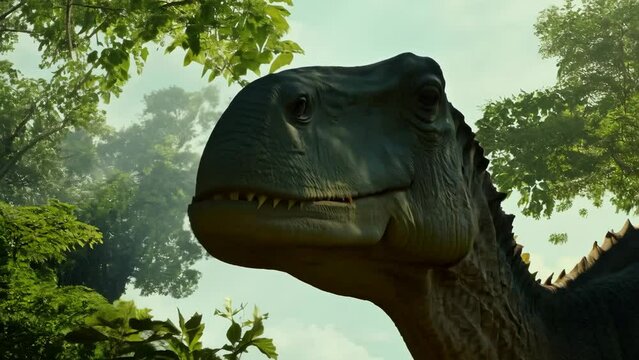 The dinosaur eats leaves off the tops of trees.