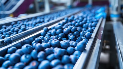 Obraz premium blueberries on conveyor belt rollers or production line, automated industrial factory manufacture