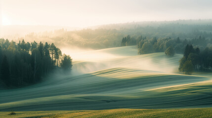 Calm peaceful Swedish countryside landscape. Background image. Created with Generative AI technology.