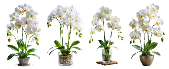 Plakat White orchids flowers in pots isolated on transparent white background, png