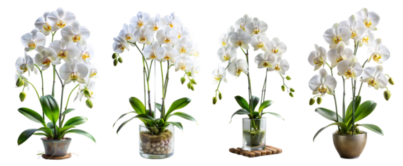 White orchids flowers in pots isolated on transparent white background, png