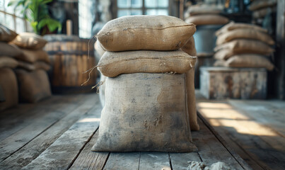 Naklejka premium Bags of cement are stored indoors.