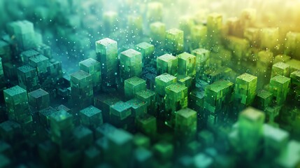 Fototapeta premium A vibrant geometric abstract background with geometric glitch art, color transitions from green to teal to cyan.