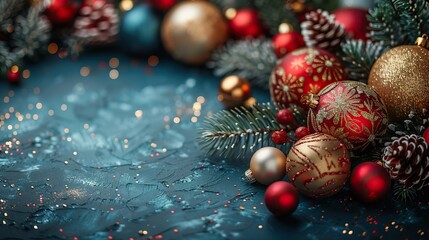 vintage christmas card made festive balls ornaments,decorations on teal background merry christmas,happy new year concept.illustration