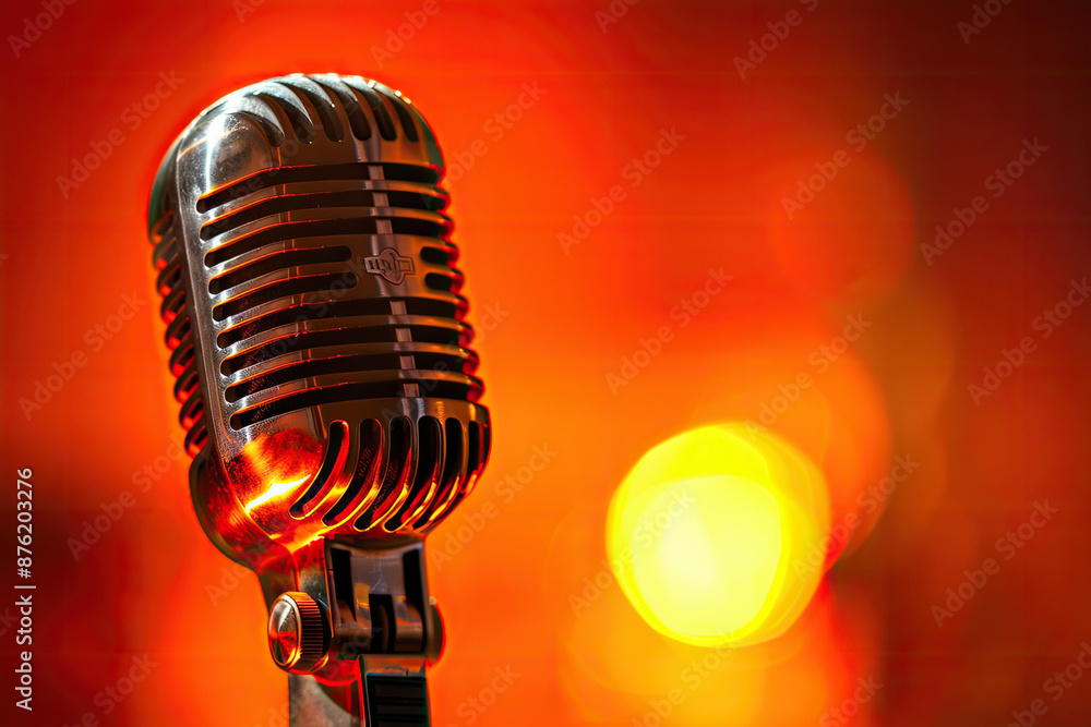 Poster a microphone is on a red background with the lights behind it