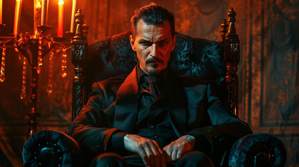 Scary male vampire with fangs, in black suit, sitting in darkness throne on castle background, with copy space for text, Halloween event poster and background idea.