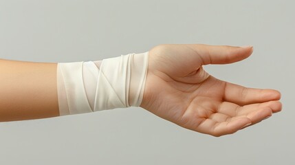 Obraz premium Hand with a white bandage on the wrist, forearm, applied for first aid. Concept: medical care, injury and treatment, bruise care, health and rehabilitation.
