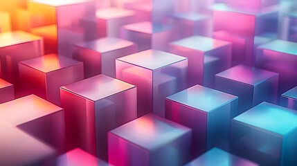 Obraz premium A vibrant geometric abstract background with minimalist isometric shapes, color transitions from pastel purple to blue to green.