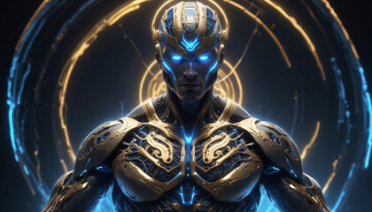 Golden AI with glowing blue eyes and yellow neon lights. AI generativ.