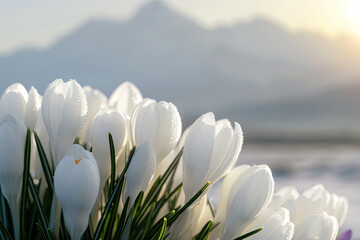 spring crocus flowers a bunch of white flowers with the background of mountains in the background.