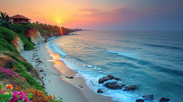varkala cliff,coast line at sunset.stock photo
