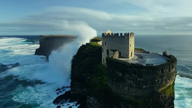Aerial shot. The camera captures the expansive castle situated on a rocky island surrounded by azure waters. Waves gently lap against the base of the island, emphasizing its isolation and grandeur.