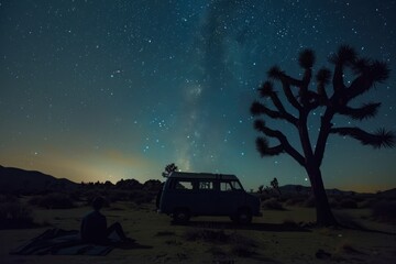 Starry Night Desert Campsite with Joshua Tree