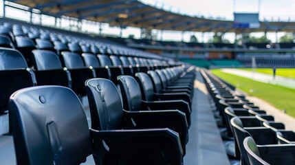 Naklejka premium Seats of black tribune on sport stadium with empty outdoor arena