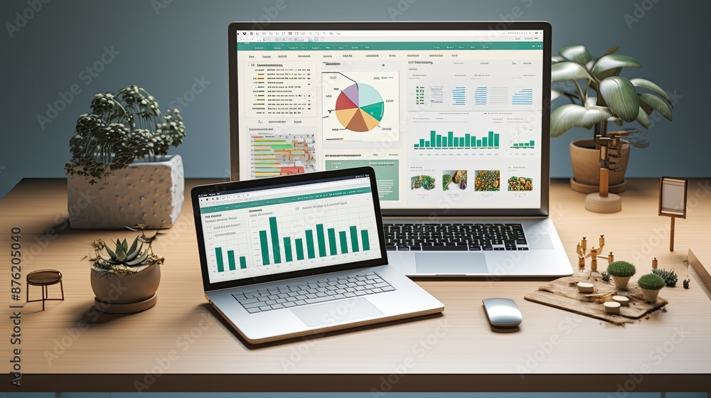 Aufkleber two laptops with a green and white dashboard with charts and graphs on the screen.