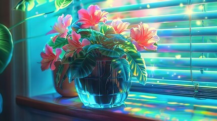   A potted plant positioned on a window sill, illuminated by sunlight streaming through the blinds