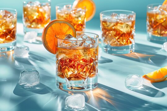 Refreshing cocktails with orange slices and ice cubes on a blue background, perfect for a summer party or bar advertisement.