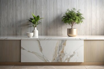 Minimal cozy counter mockup design for product presentation background. Branding in modern style with marble top and beige white counter with grey vase plant