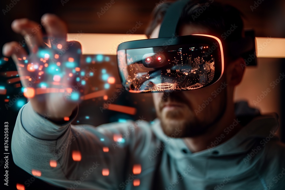 Poster man in vr headset interacting with digital interface, surrounded by colorful lights and holographic 