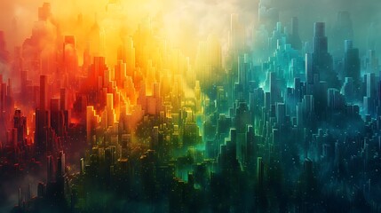 A vibrant geometric abstract background with pixelated geometric art, color transitions from green to teal to blue.