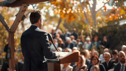 Man giving speech at podium to large crowd people outdoors Public Speaking Concept
