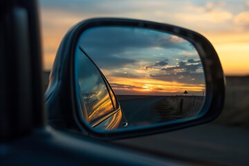 Breathtaking Sunset Drive Reflected in Car Side Mirror