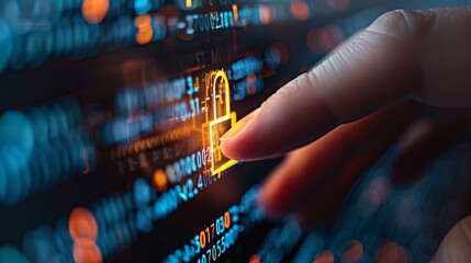 Close-up of a hand interacting with digital security interface, showcasing cybersecurity and data protection technology with a futuristic feel.